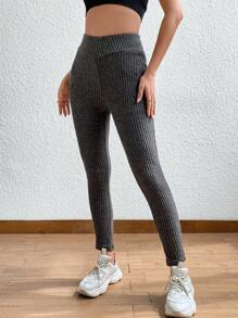 SHEIN Unity 寬腰帶條紋針織緊身打底褲 - 黑色 - 查看 1