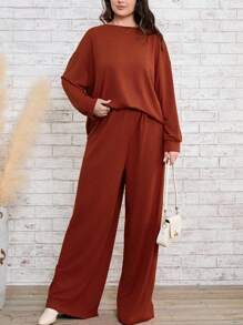 SHEIN CURVE+ Plus Solid Drop Shoulder Tee & Wide Leg Pants - Brown - View 4