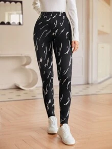 SHEIN Frenchy Allover Print High Waist Leggings - Khaki - View 4