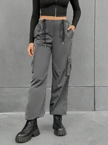 SHEIN Essnce Flap Pocket Side Drawstring Waist Cargo Pants - Dark Grey - View 3