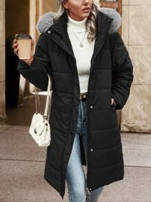 SHEIN Unity 毛绒装饰连帽拉链加厚棉服外套冬季 - 黑色 - 查看 1