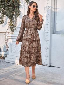 Aveloria Leopard Print Tie Neck Lantern Sleeve Ruffle Hem Dress - Multicolor - View 4