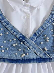 SHEIN Young Girl Flare Sleeve Ruffle Hem Dress & Pearl Beaded Cami Denim Top - White - View 3