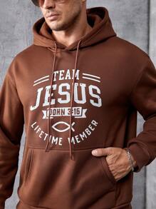 Manfinity Homme Men Plus Letter Graphic Kangaroo Pocket Drawstring Hoodie - Brown - View 3