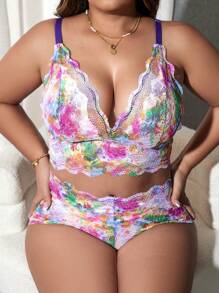 Plus Floral Lace Scallop Trim Lingerie Set - Multicolor - View 4
