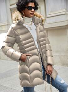 SHEIN Met rits Pluizige rand Met kap Pufferjas