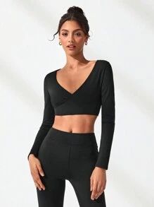 SHEIN Sports V領短款運動套裝 - 黑色 - 查看 6
