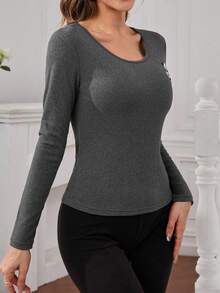Panda Print Scoop Neck Thermal Underwear Tee - Dark Grey - View 6