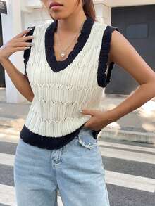 SHEIN Unity 拼接邊毛衣背心不帶襯衫 - 米色 - 查看 5