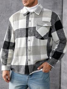 Manfinity Homme Men Plus Plaid Flap Pocket Drop Shoulder Shacket