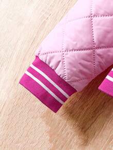 SHEIN 女大童1入組字母貼布條紋飾邊衍縫學院風夾克 - 粉色 - 查看 4