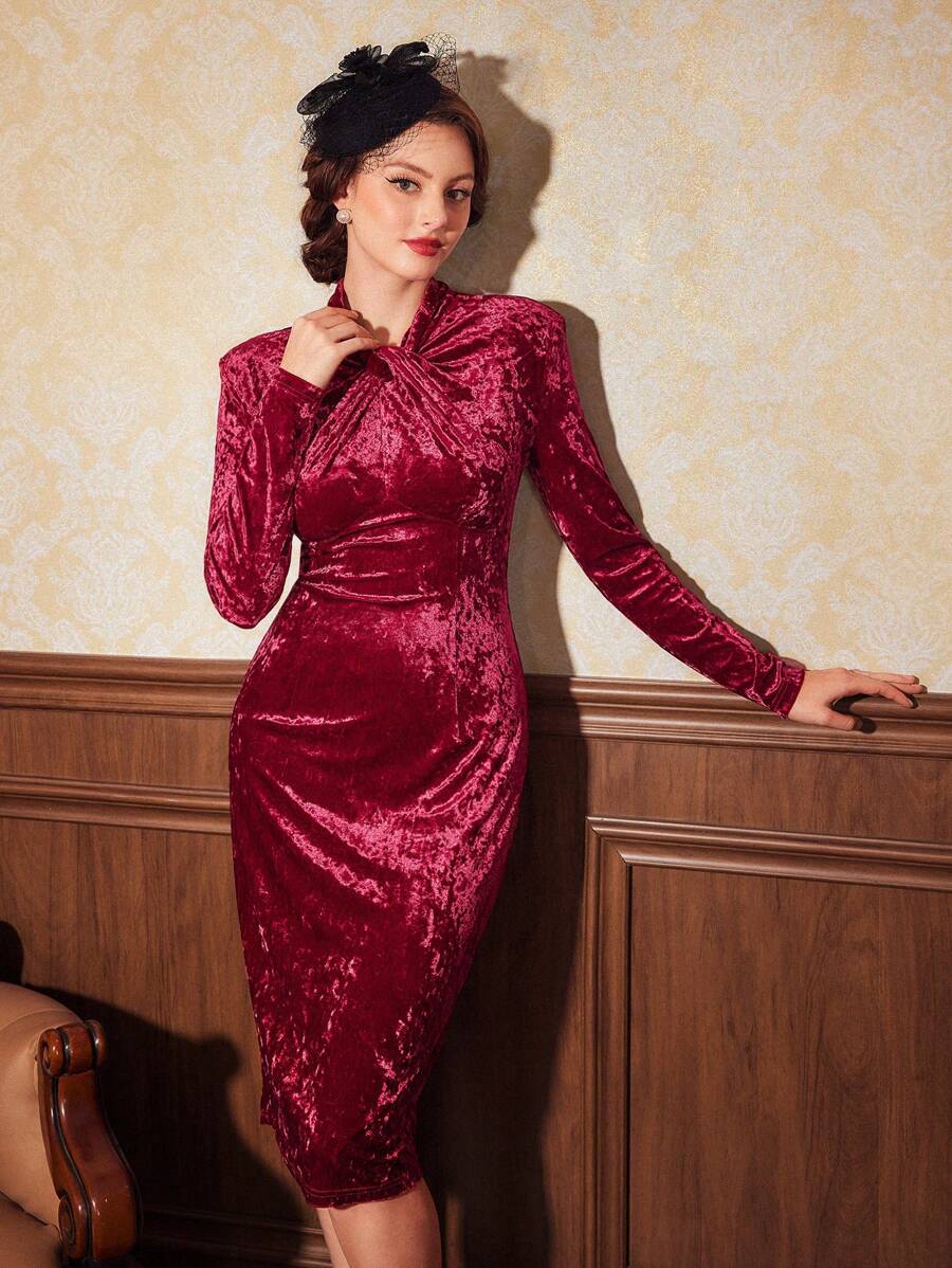 SHEIN DECDS Mặt trước xoắn Váy liền áo vừa vặn - Màu Đỏ Sâu - Xem 1
