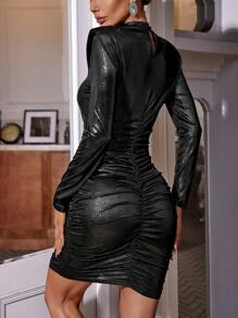 SHEIN Privé 小高領褶邊金屬質感緊身洋裝 - 黑色 - 查看 4