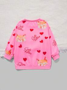 SHEIN Cô Gái Trẻ Hình ảnh mèo & Chữ cái Áo nỉ - Hồng - Xem 2