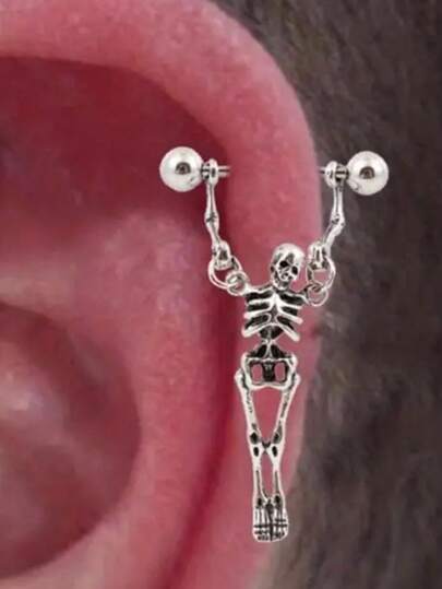 1pc Gothic Skull Shaped Stainless Steel Piercing Earring, Halloween