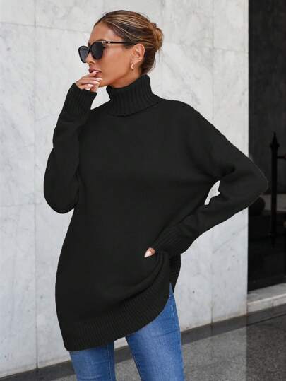 EURMUSE Women's Solid Color High Collar Casual Sweater