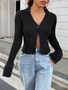 SHEIN Unity 毛茸邊前紐扣開襟衫 - 黑色 - 查看 4