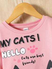 女小童卡通和標語圖案加絨內裏套頭衫和運動褲 - 彩色 - 查看 5