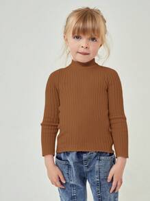SHEIN Young Girl Mock Neck Ribbed Knit Sweater - Brown - View 4