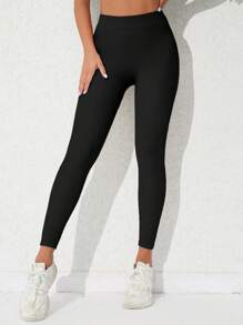 Easithlete 女士纯色宽腰运动紧身裤瑜伽裤 - 黑色 - 查看 6