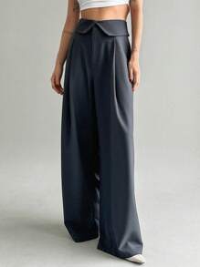 Dazy Star Solid Fold Waist Wide Leg Pants - Dark Grey - View 7