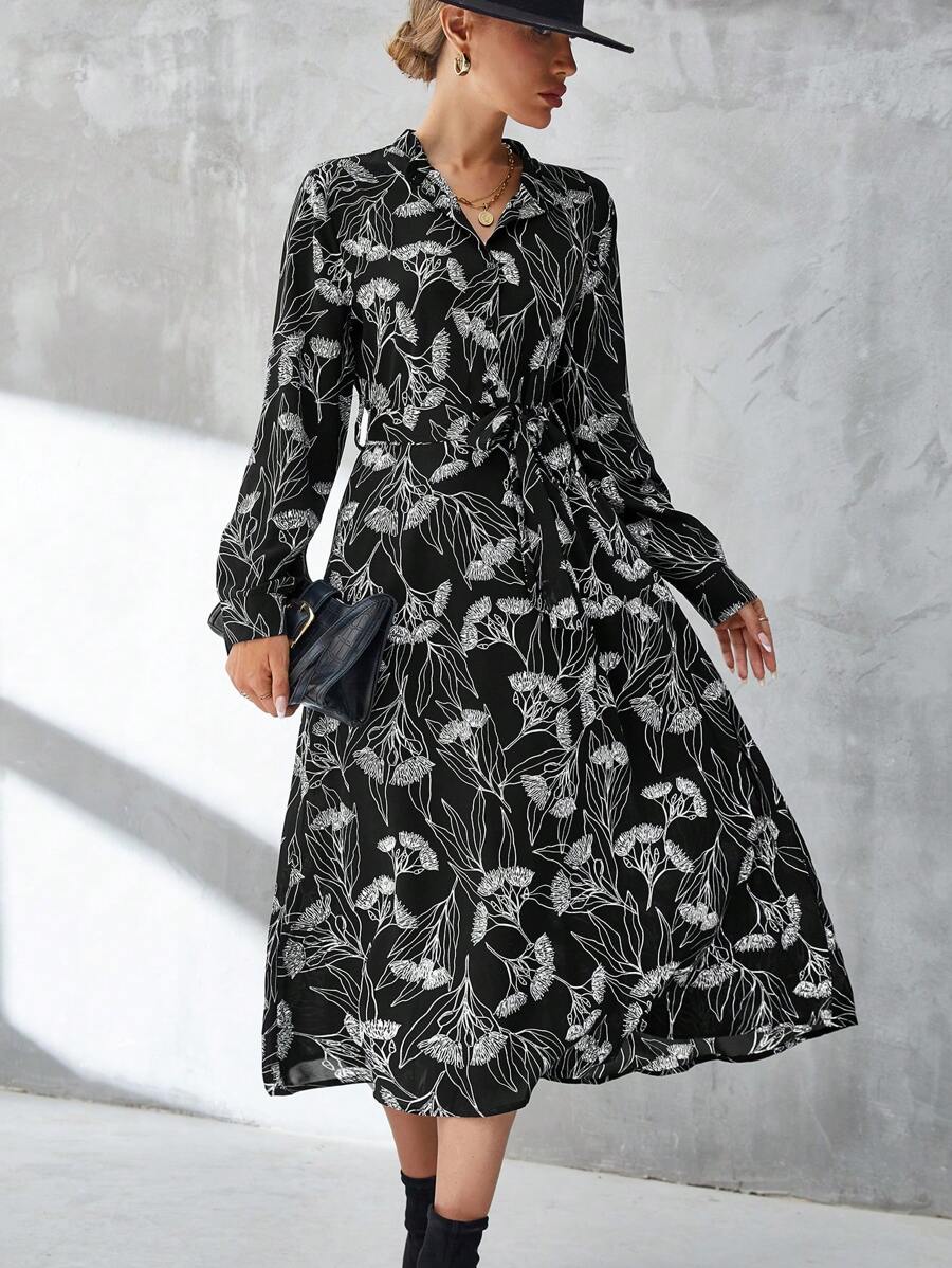 Aveloria Allover Floral Print Belted Shirt Dress - Black - View 1