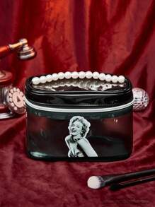 Marilyn Monroe X SHEIN Black Pearl Decor Handheld Makeup Bag - Black - View 2