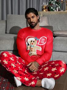 Men Christmas Print PJ Set - Red - View 4