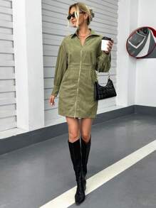 SHEIN Essnce 拉鏈開襟落肩袖燈籠袖洋裝 - 軍綠色 - 查看 3