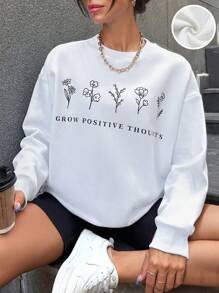 EURMUSE Floral & Slogan Graphic Drop Shoulder Sweatshirt - White - View 1