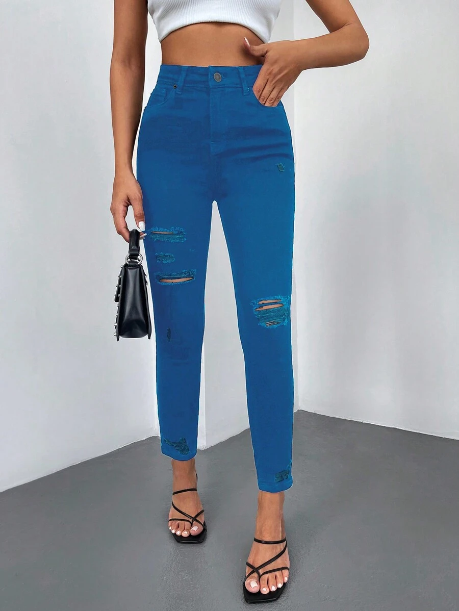 RueChic Ripped Skinny Jeans - Blue - View 1