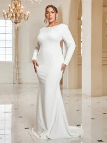 SHEIN Belle Hơn Viền rìa Không lưng Nàng tiên cá Hem Váy dự tiệc - trắng - Xem 5