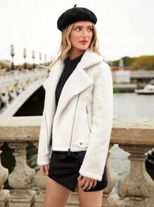SHEIN Frenchy 拉鏈開襟絨毛機車夾克 - 白色 - 查看 3