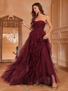 Romantic Strapless Wedding Dress Bridal Gown With Layered Ruffled Tulle Skirt & A-Line Silhouette - Perfect For Classic Weddings, Graduation Dress, Evening Gala Receptions, Birthday Women Outfits,Bride