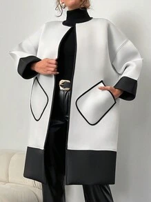 EURMUSE 女士羽絨褸,顏色拼塊,下擺式設計,雙口袋 - 黑與白 - 查看 3