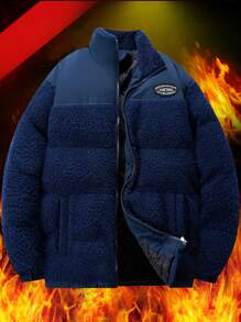 Manfinity Homme Men's Drop Shoulder Padded Coat With Slogan Patched - Blue - View 1