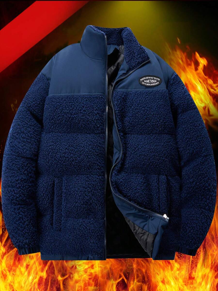 Manfinity Homme Men's Drop Shoulder Padded Coat With Slogan Patched - Blue - View 1