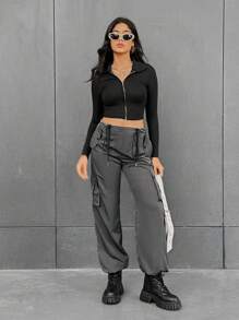 SHEIN Essnce Flap Pocket Side Drawstring Waist Cargo Pants - Dark Grey - View 1
