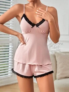 Conjunto De Pijama Con Tirantes Finos Y Ribete De Encaje