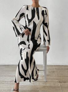 RosyDaze Allover Print Flounce Sleeve Mermaid Hem Dress Maxi Women Outfit Fall Cloth For Women