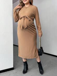 SHEIN 孕婦大碼前繫帶下擺開叉緊身洋裝 - 卡其色 - 查看 3