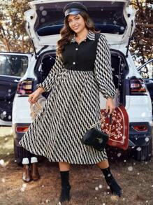 Calvaya Plus Wave Striped Print Lantern Sleeve Dress - Black - View 1