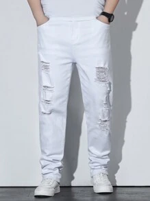 Manfinity 男士大尺碼帶口袋的破洞牛仔褲 - 白色 - 查看 6