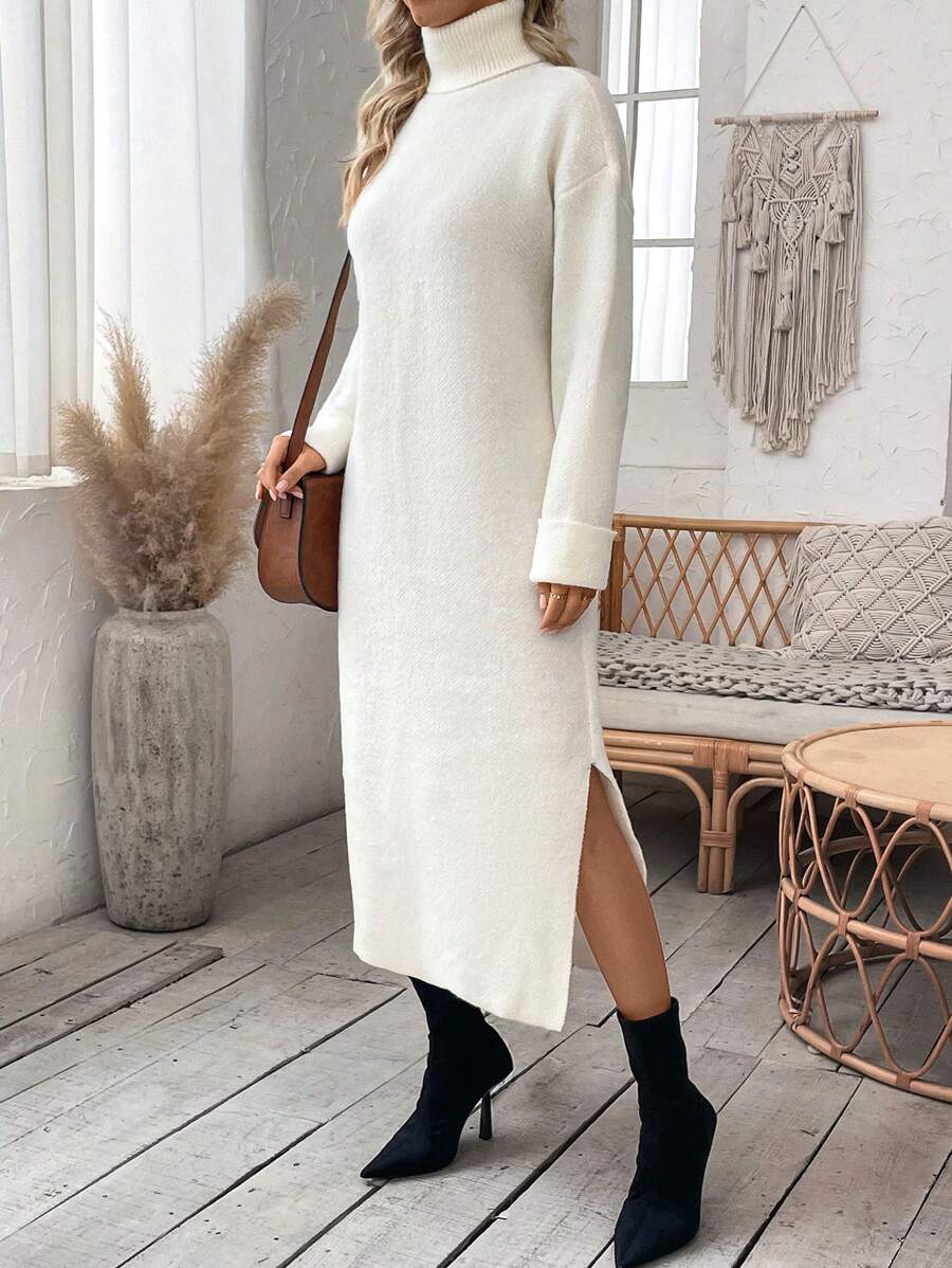 SHEIN Clasi 高領落肩袖下擺開叉毛衣洋裝不附腰帶 - 米色 - 查看 1
