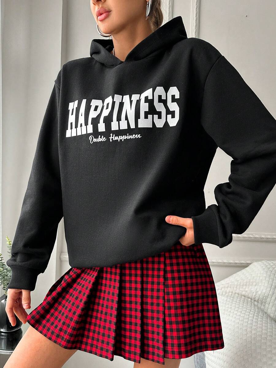 SHEIN Cottnline 字母圖案落肩袖連帽衫 - 黑色 - 查看 1