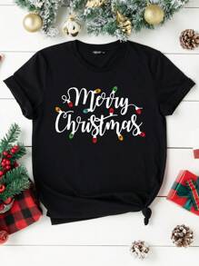 Calvaya Plus Christmas Print Tee Graphic Tees Women Tops - Black - View 1