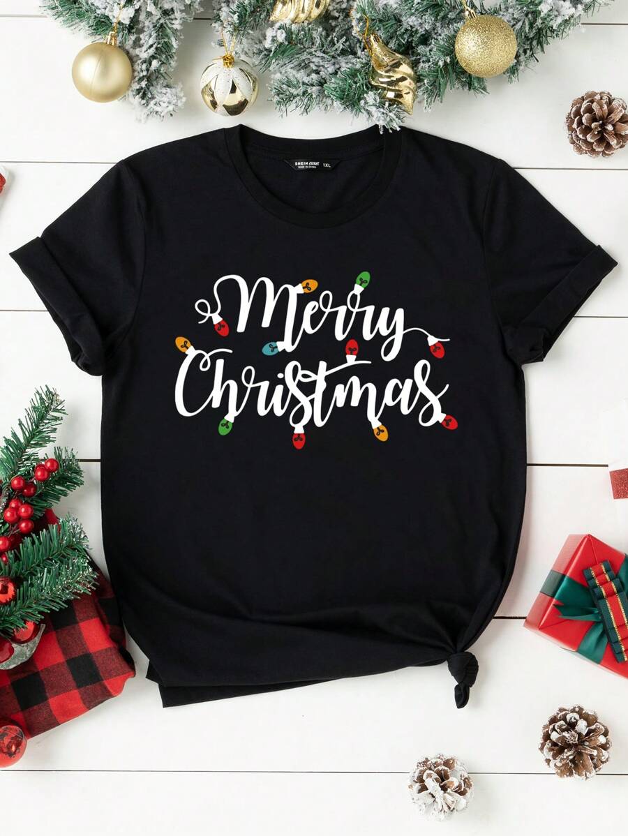 Calvaya Plus Christmas Print Tee Graphic Tees Women Tops - Black - View 1