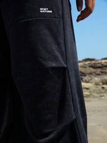 In My Nature Letter Graphic Drawstring Waist Outdoor Sweatpants - Black - View 3