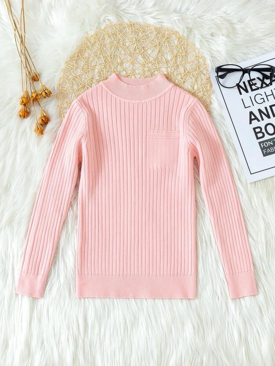 SHEIN 女小童條紋針織小高領套頭毛衣 - 粉色 - 查看 1