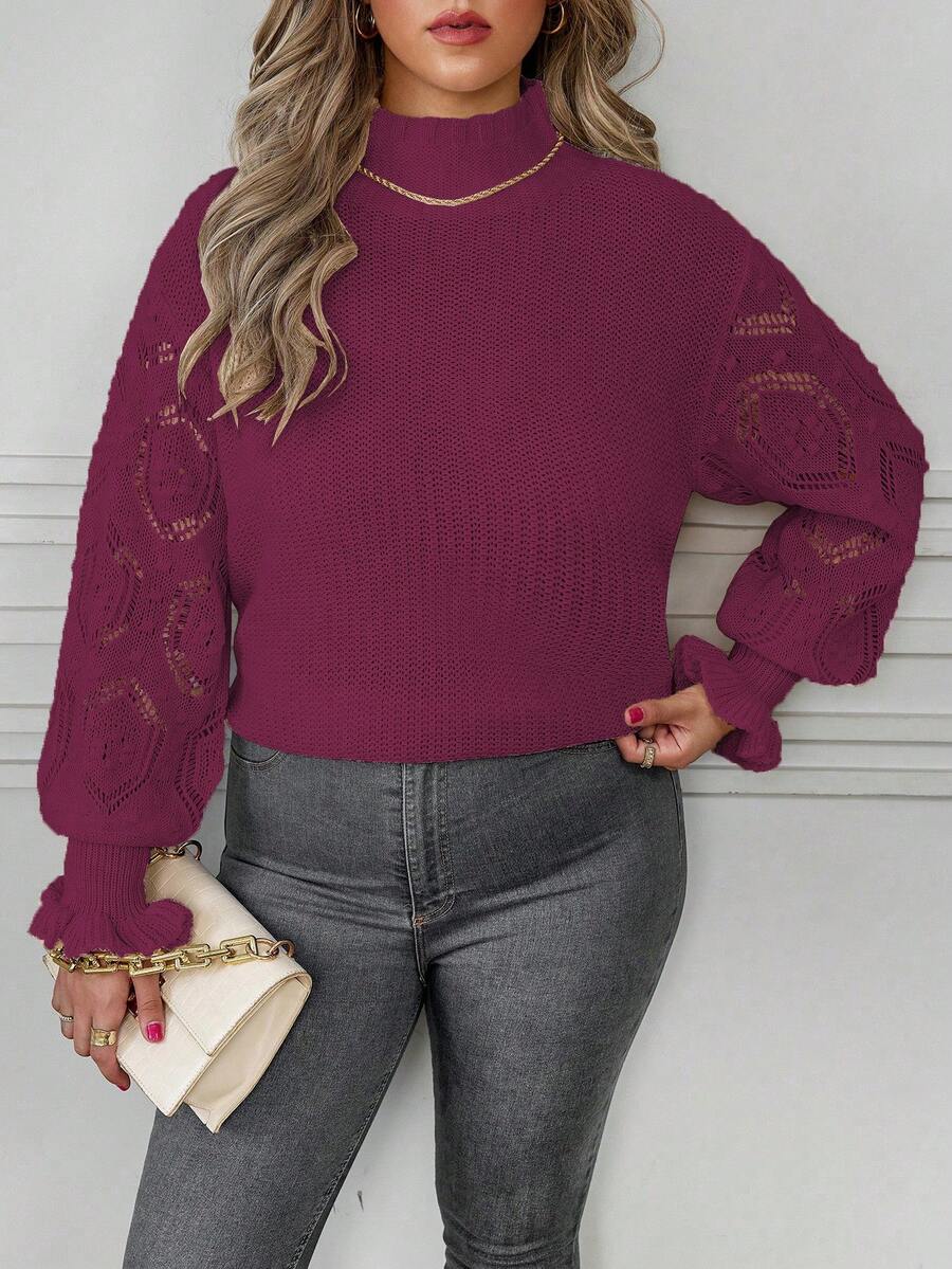 Celure Kích thước lớn Vòng cổ Pointelle Áo len - Màu Đỏ Sâu - Xem 1